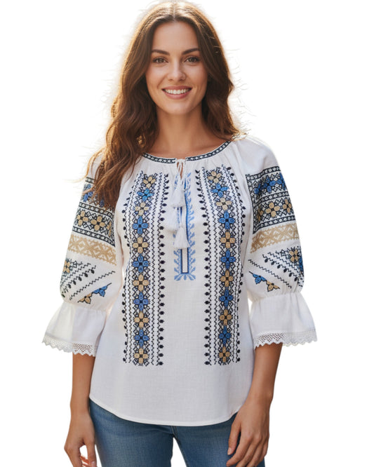 Ie Tradițională Dama cu Broderie Albastră, Neagră și Crem, Mâneca Lungă, Mărimi S-3XL