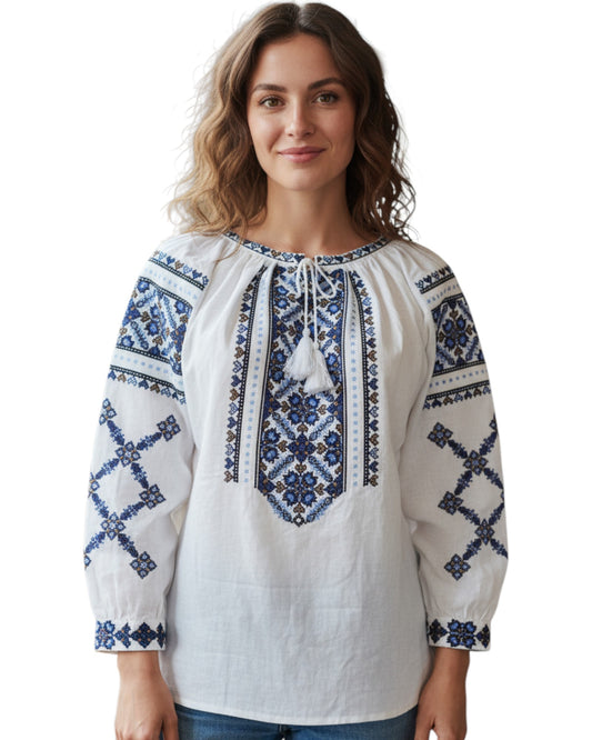Ie Tradițională Românească cu Broderie Albastră – Model Autentic, Mărimi S-3XL