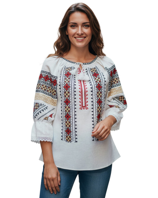 Ie Tradițională Românească cu Broderie Geometrică Roșu, Negru și Galben – Model Autentic