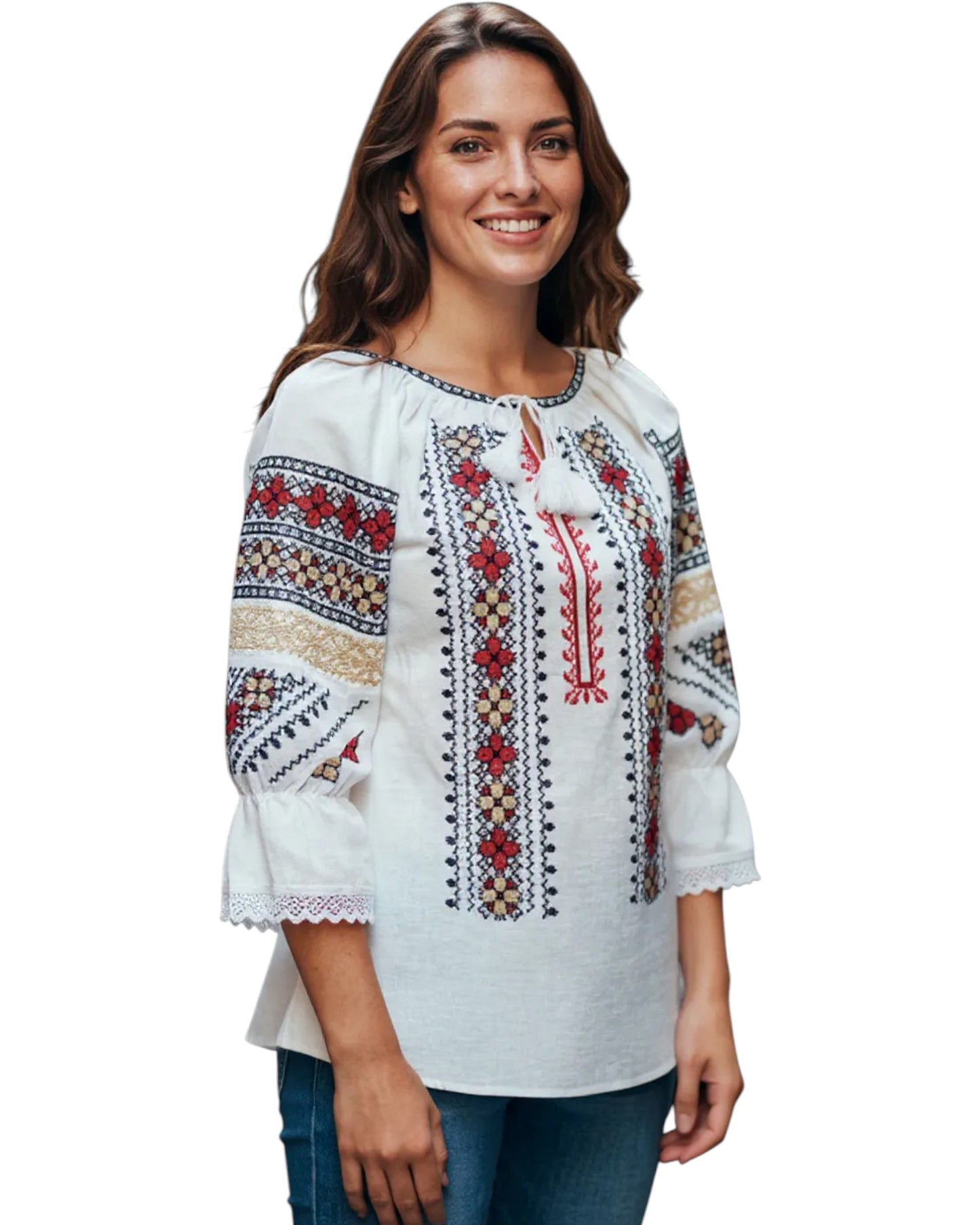 Ie Tradițională Românească cu Broderie Geometrică Roșu, Negru și Galben – Model Autentic