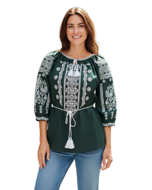 Ie Tradițională Verde cu Broderie Albă – Mărimi S-3XL