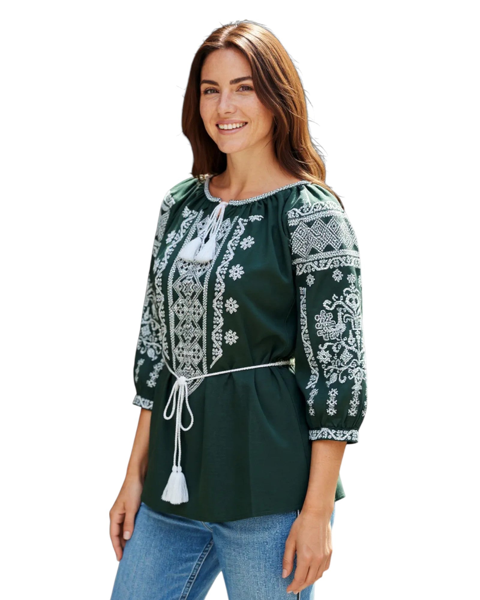 Ie Tradițională Verde cu Broderie Albă – Mărimi S-3XL