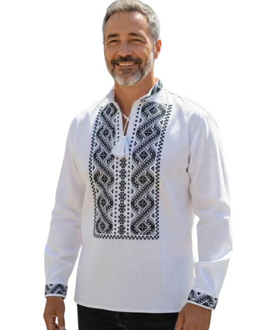 Ie tradițională românească bărbătească, broderie alb-negru, mărimi S–3XL