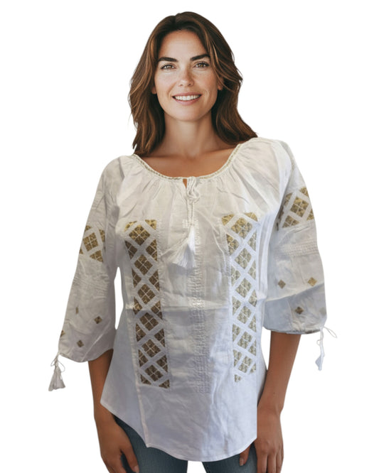 Ie românească tradițională cu broderie bej și mânecă trei sferturi – mărimi S-3XL