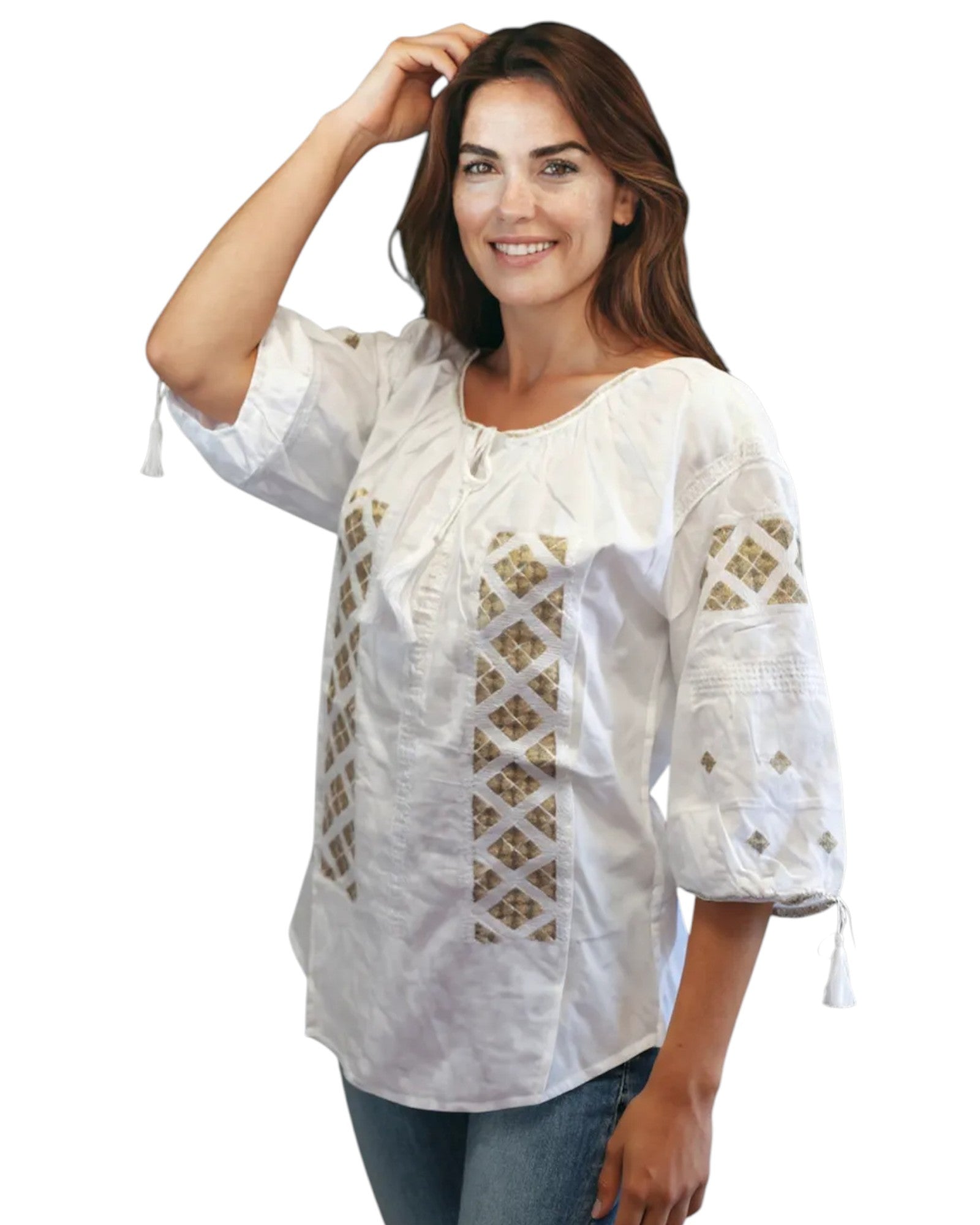 Ie românească tradițională cu broderie bej și mânecă trei sferturi – mărimi S-3XL