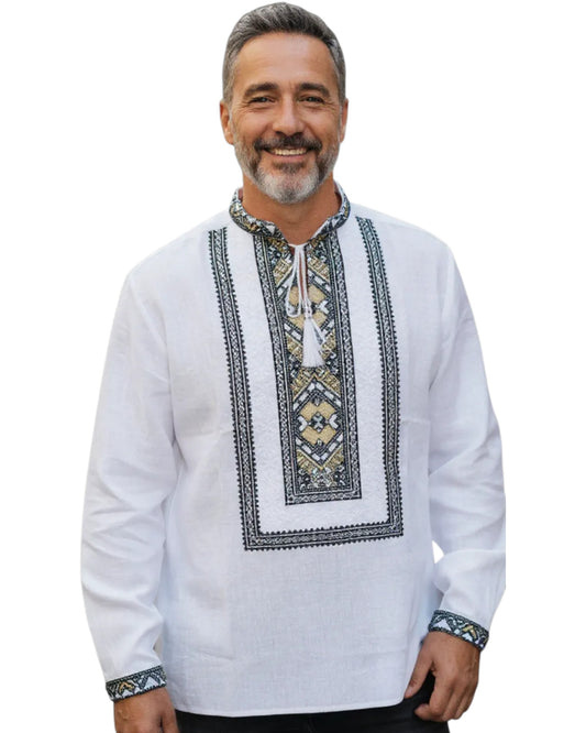 Ie tradițională bărbătească cu guler tip tunică, broderie verde cu auriu – mărimi S-3XL