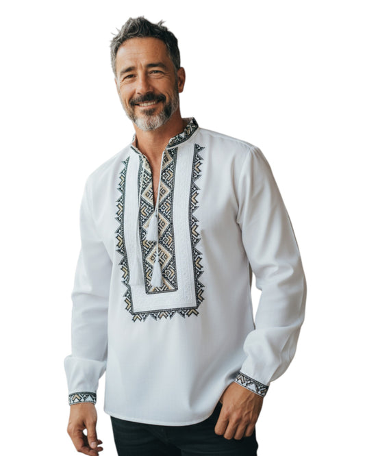 Ie tradițională cu guler tip tunică, broderie verde cu auriu – mărimi S-3XL