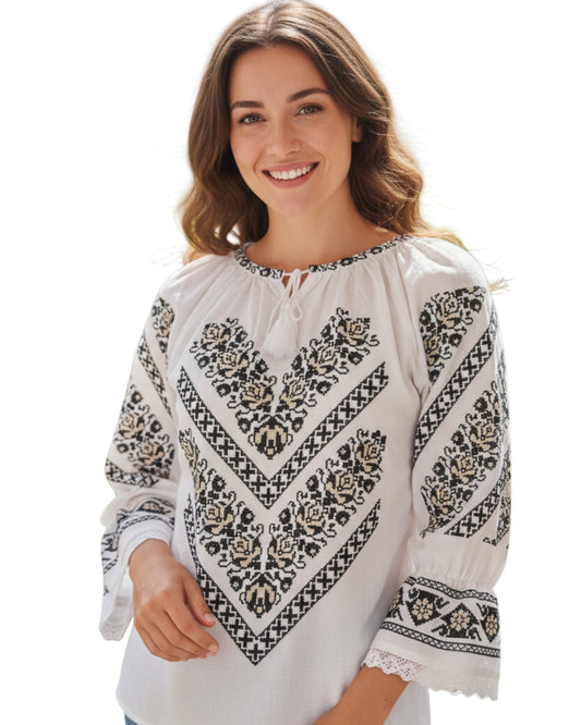 Ie traditionala romaneasca maneca lunga BRODERIE VERDE CU AURIU