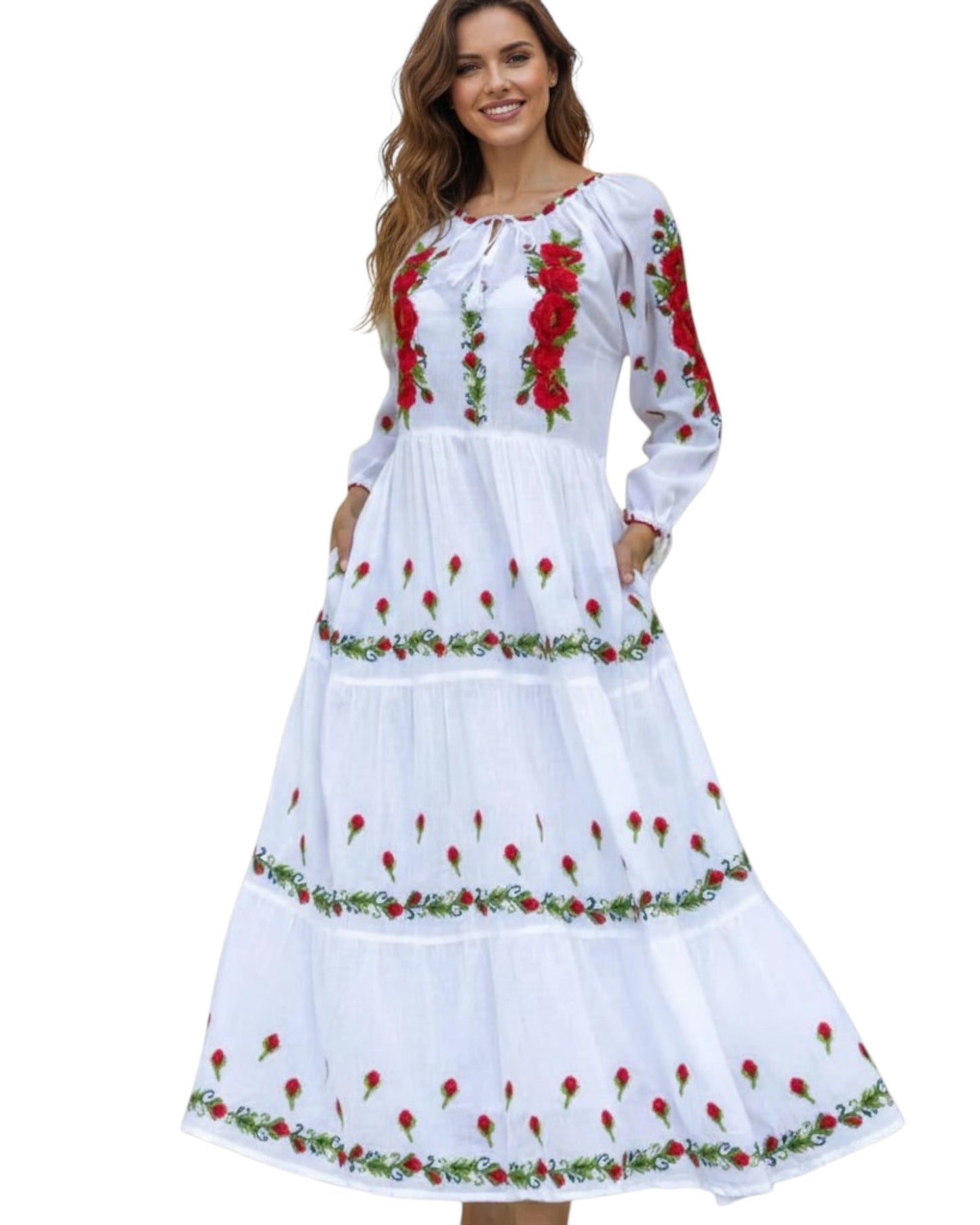 Rochie Tradițională Lungă Albă cu Broderie Roșie – Mărimi S-3XL