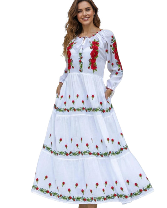 Rochie Tradițională Lungă Albă cu Broderie Roșie – Mărimi S-3XL