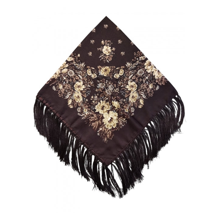 Batic traditional maro cu flori bej si franjuri