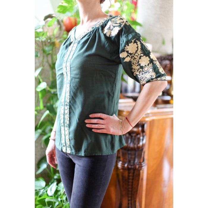 Bluza brodata verde broderie bej Ana