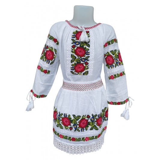 Costum Tradițional Fetiță - Ie Albă cu Broderie și Fustă Asortată, 0-16 Ani