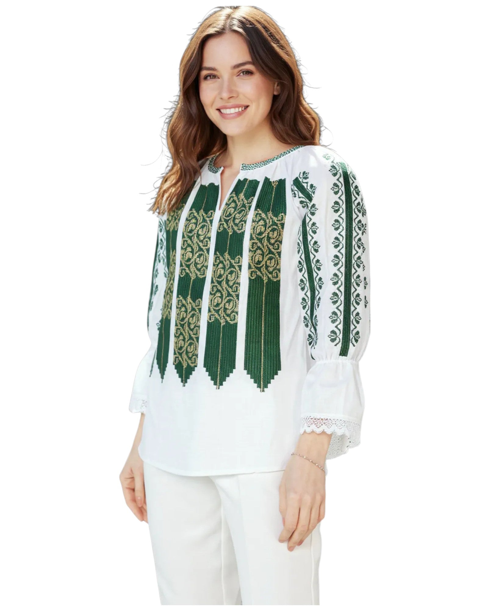 Ie Tradițională Românească de Damă – Broderie Verde cu Model Geometric – Mărimi S-3XL