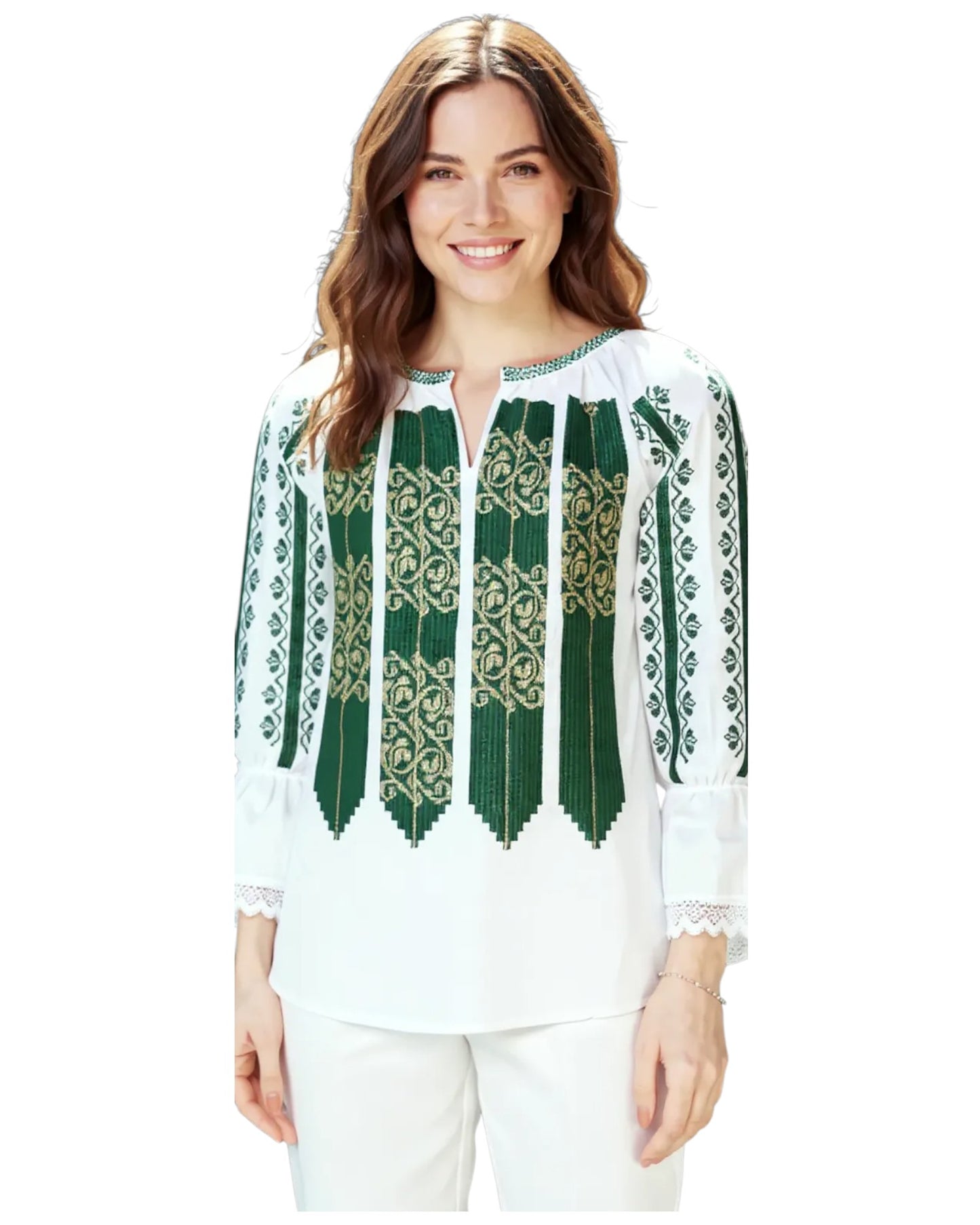 Ie Tradițională Românească de Damă – Broderie Verde cu Model Geometric – Mărimi S-3XL