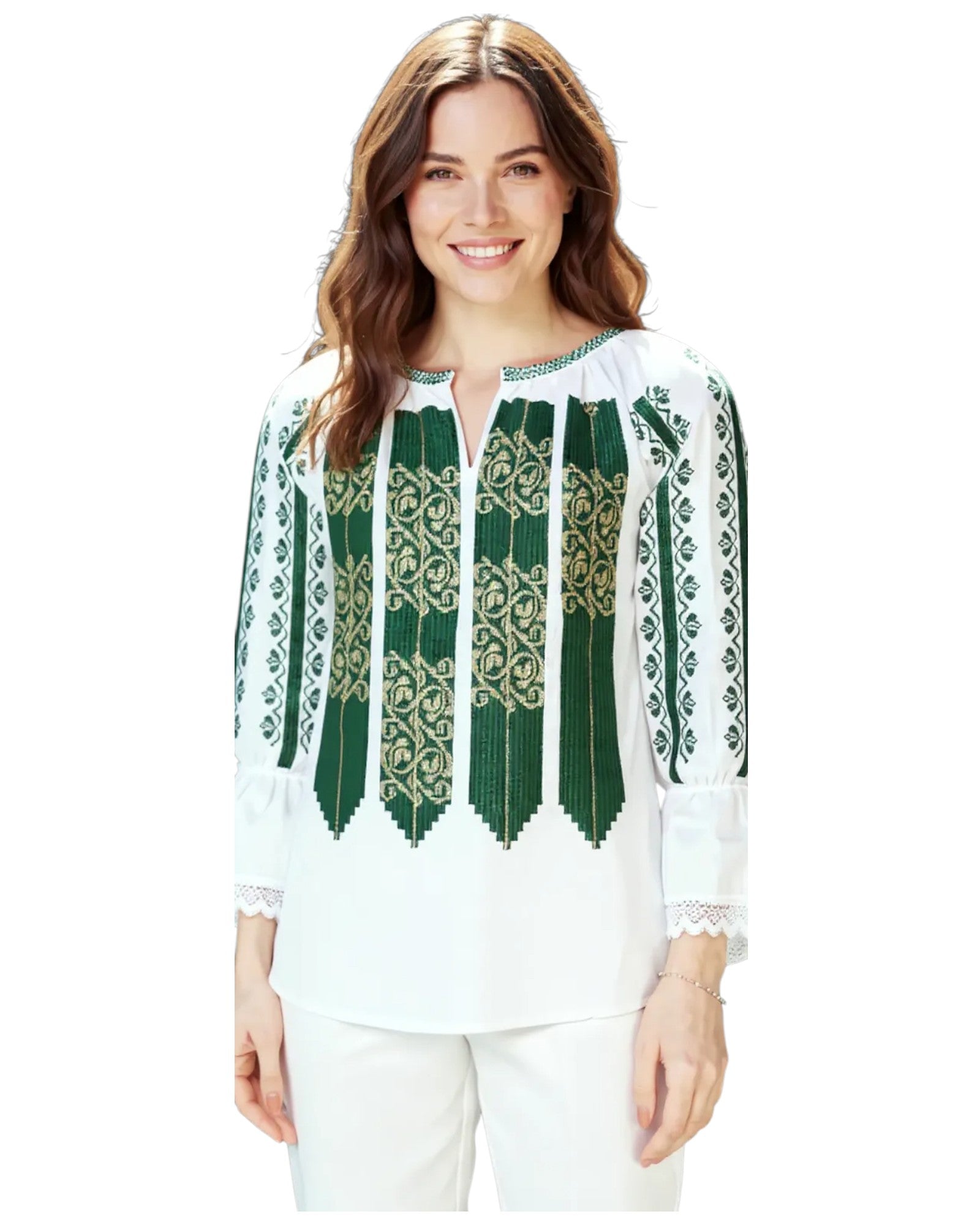 Ie Tradițională Românească de Damă – Broderie Verde cu Model Geometric – Mărimi S-3XL