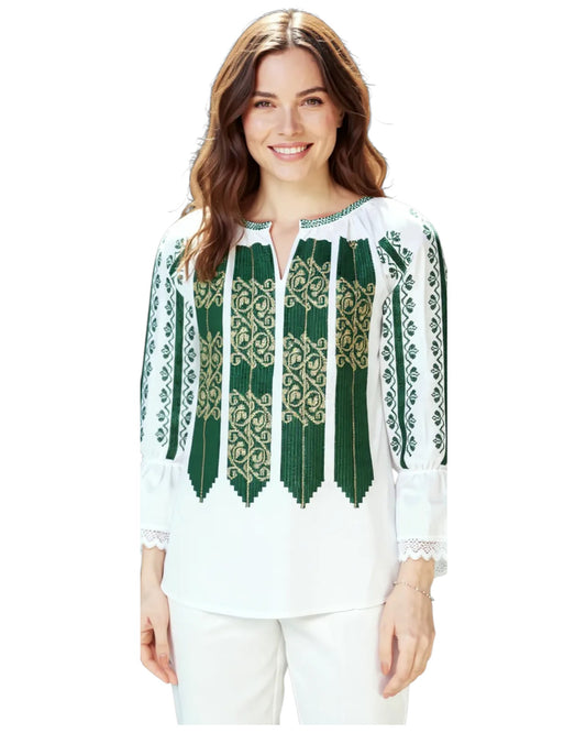Ie Tradițională Românească de Damă – Broderie Verde cu Model Geometric – Mărimi S-3XL