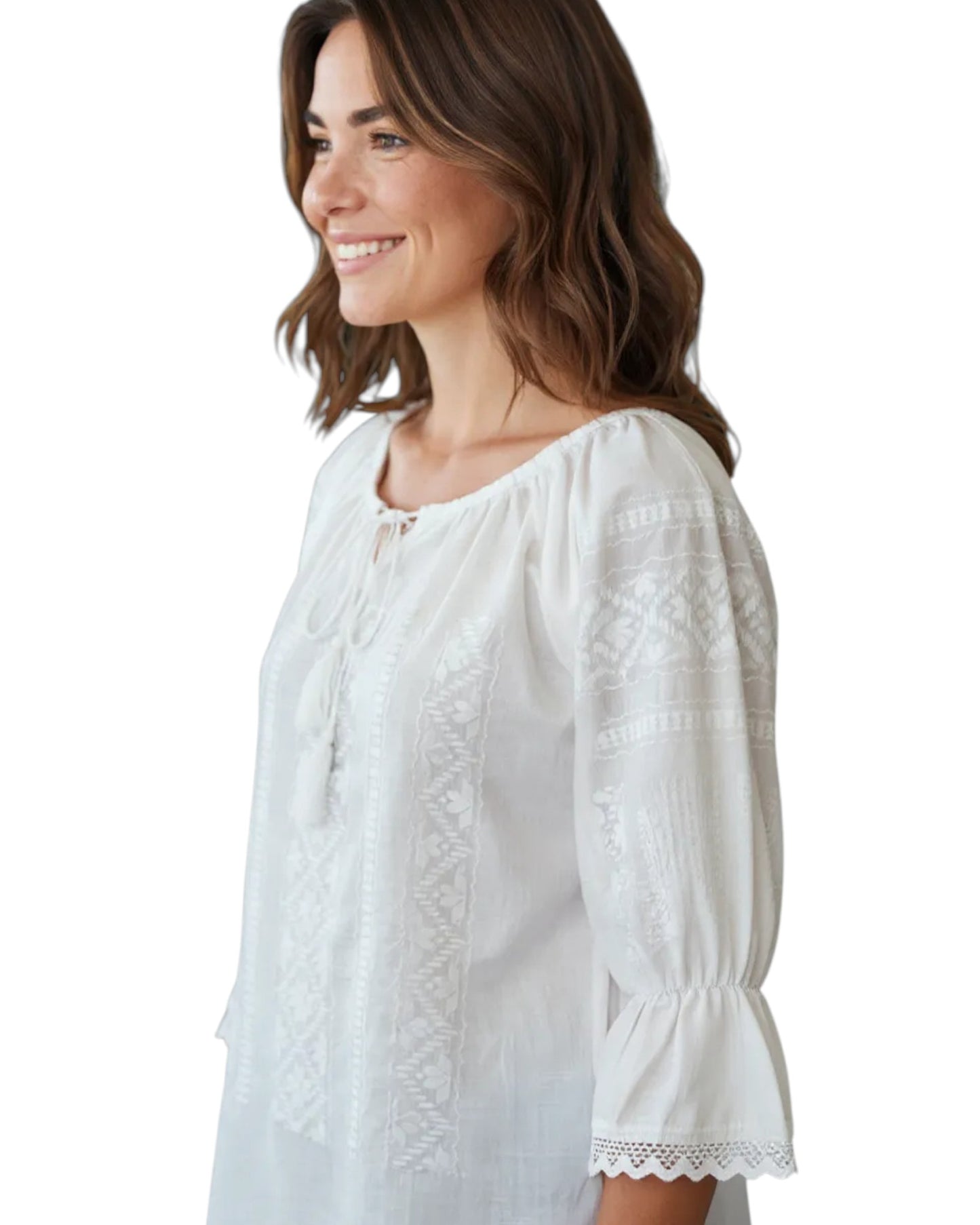 ie romaneasca alba cu broderie alba cu maneca trei sferturi material bumbac marimi S-3XL