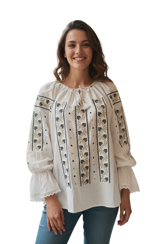 Ie Tradițională Dama cu Mâneca Lungă, Broderie Neagră și Crem, Mărimi S-3XL