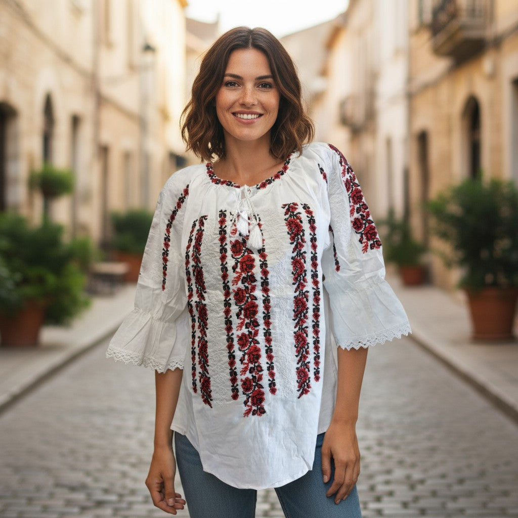 Ie românească tradițională din bumbac, brodată  cu motive florale roșu-negru – mărimi S-3XL