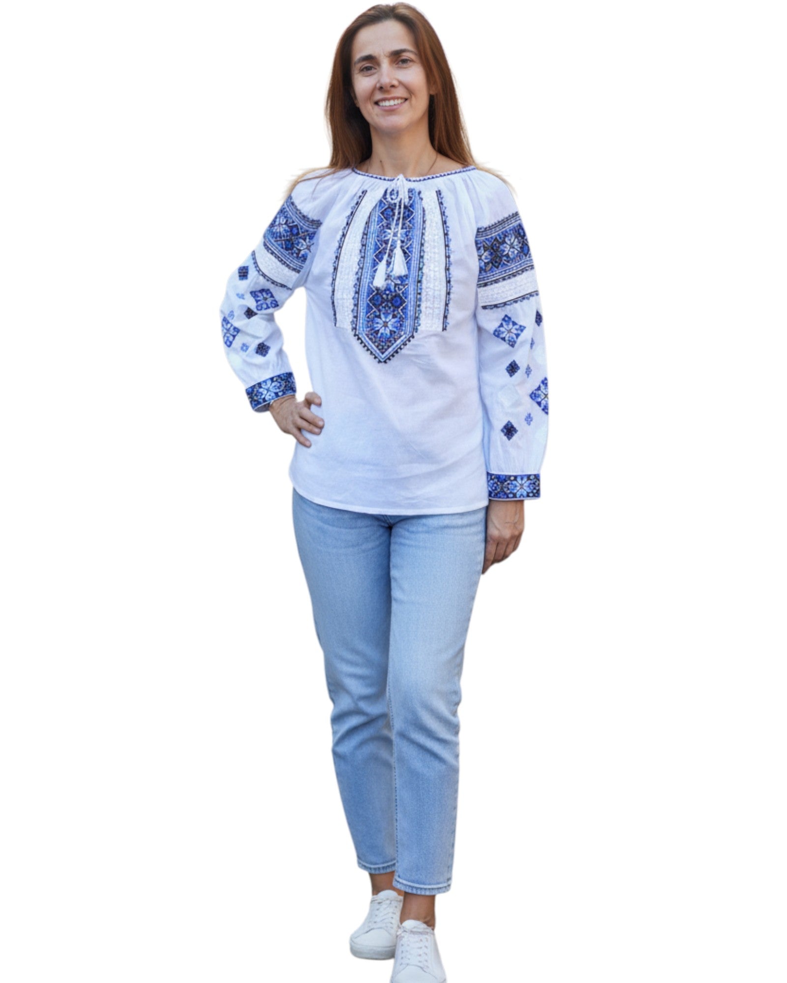 Ie Tradițională Românească Albă cu Broderie Albastră