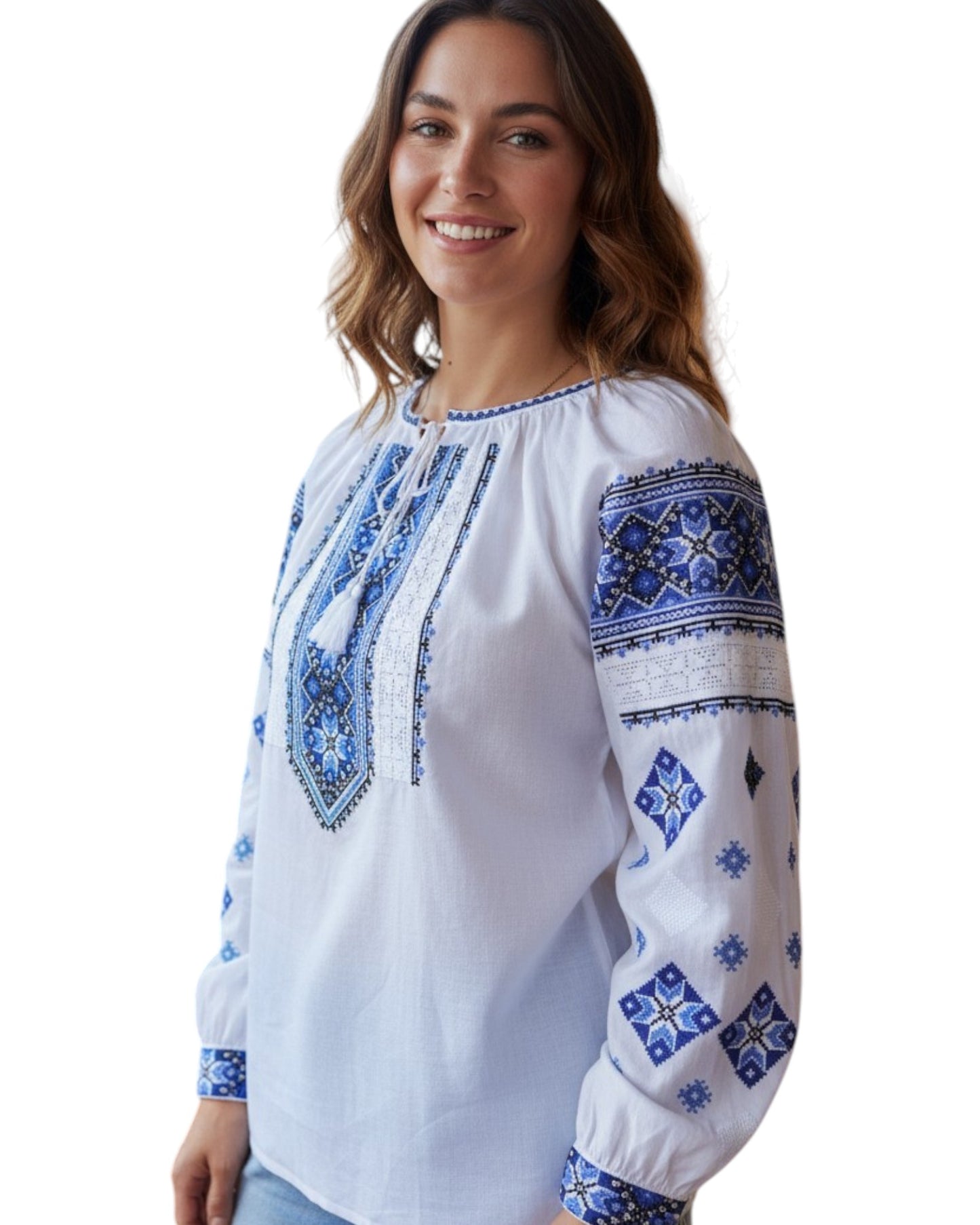 Ie Tradițională Românească Albă cu Broderie Albastră