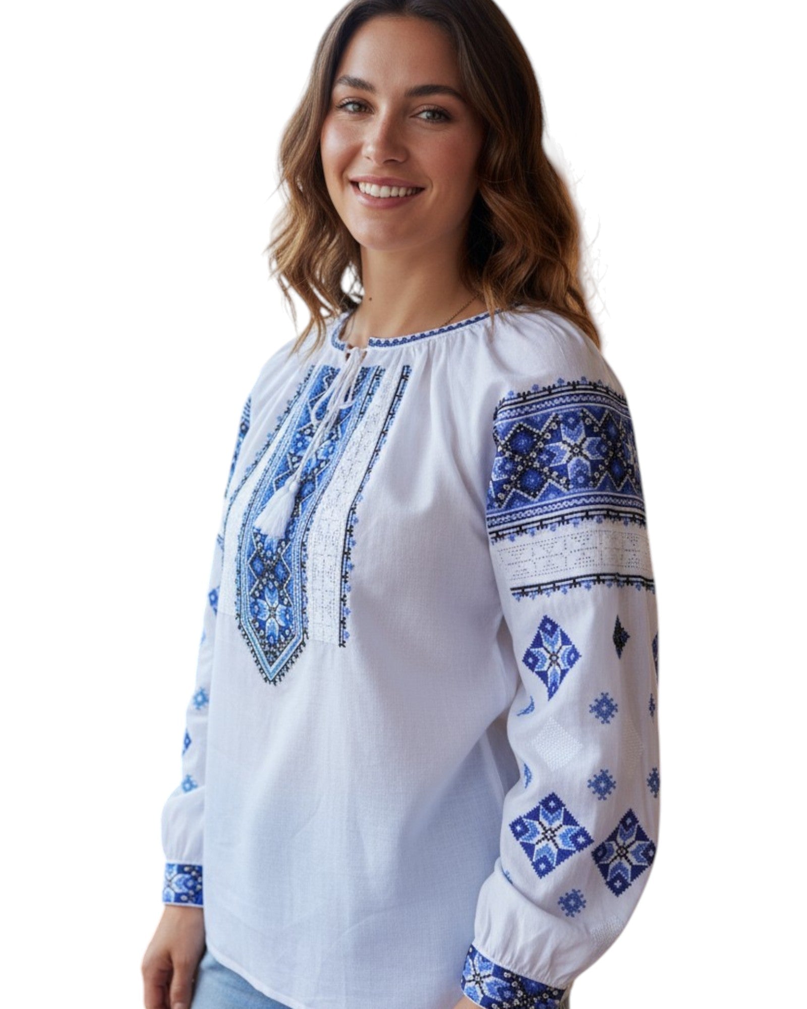 Ie Tradițională Românească Albă cu Broderie Albastră