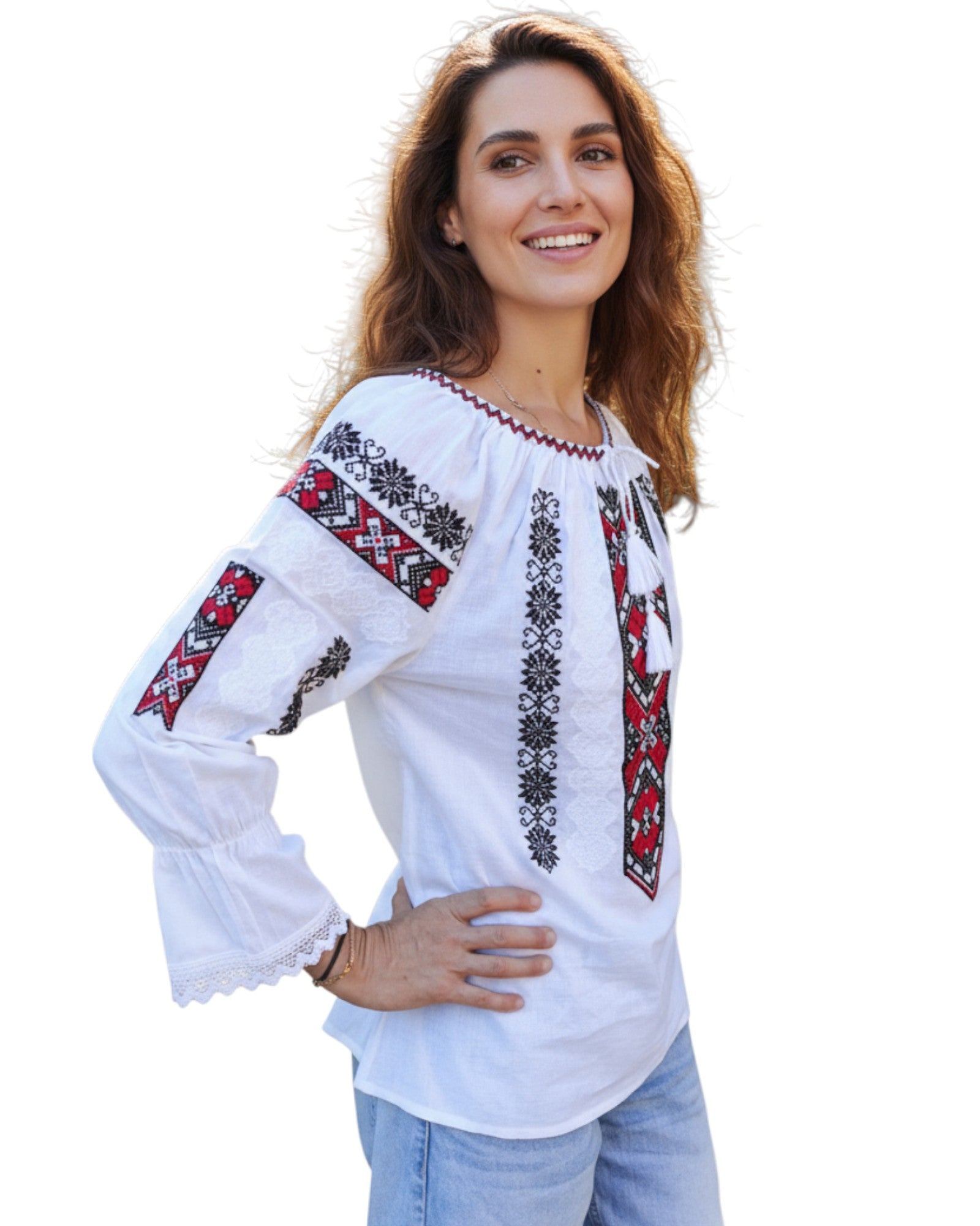 Ie Tradițională Românească Albă cu Broderie Roșu și Negru – Model Autentic pentru Femei