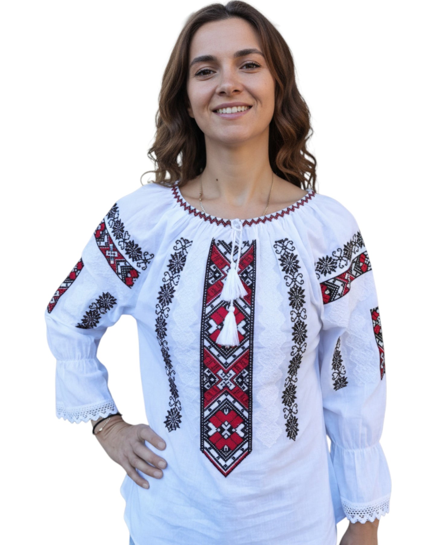 Ie Tradițională Românească Albă cu Broderie Roșu și Negru – Model Autentic pentru Femei