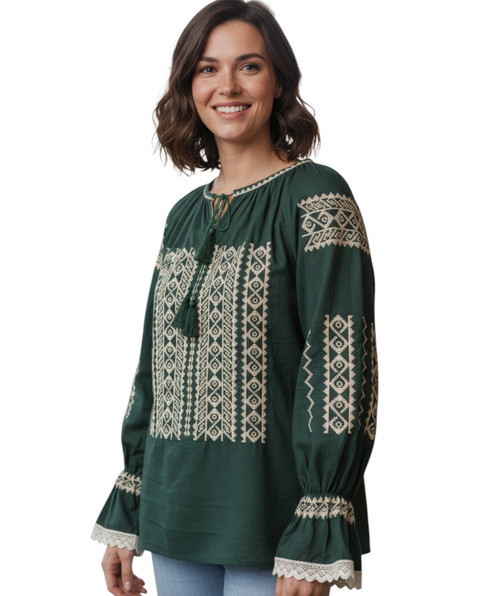 Ie Tradițională Românească Verde cu Broderie Bej – Model Autentic pentru Femei