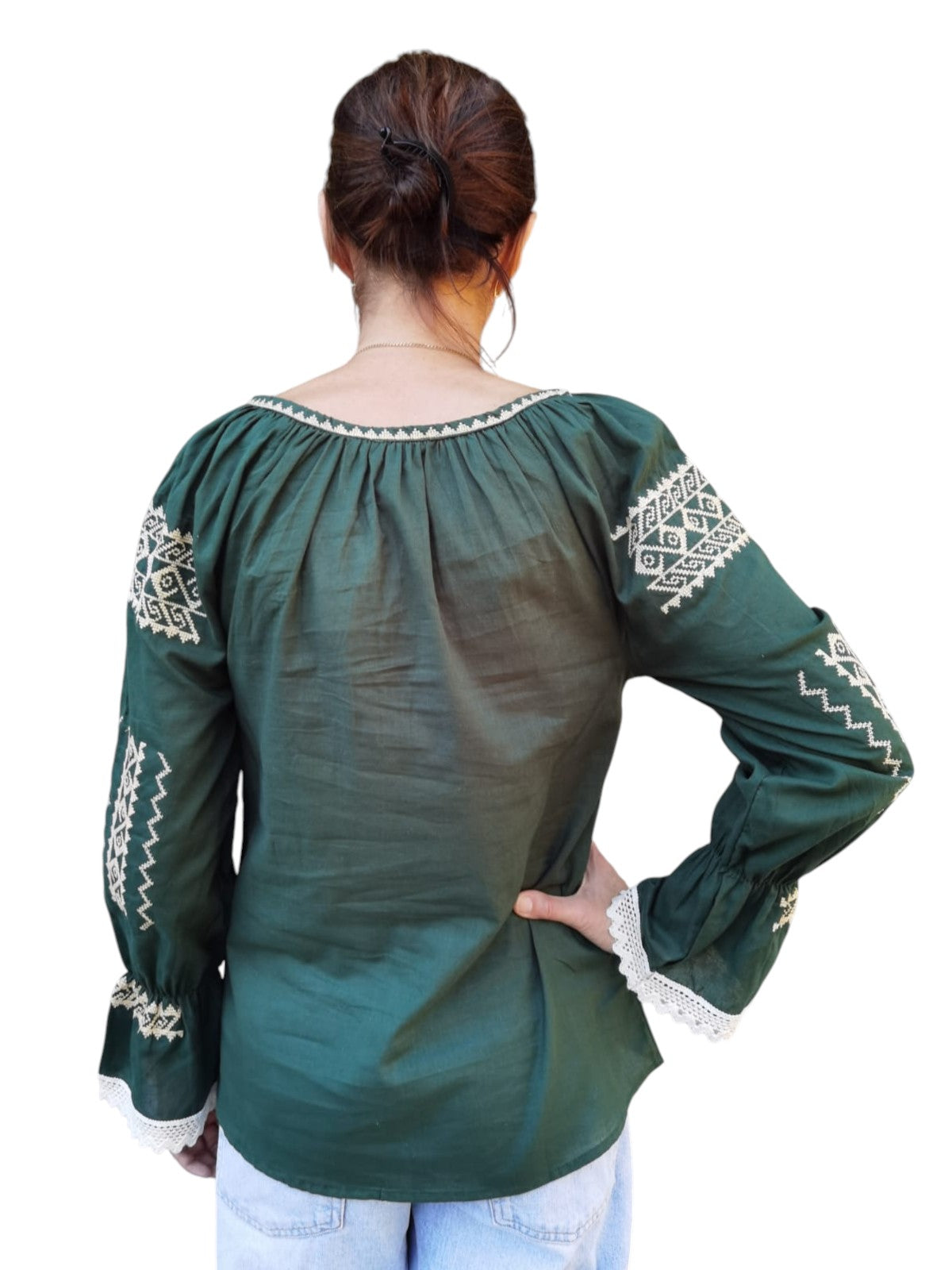 Ie Tradițională Românească Verde cu Broderie Bej – Model Autentic pentru Femei