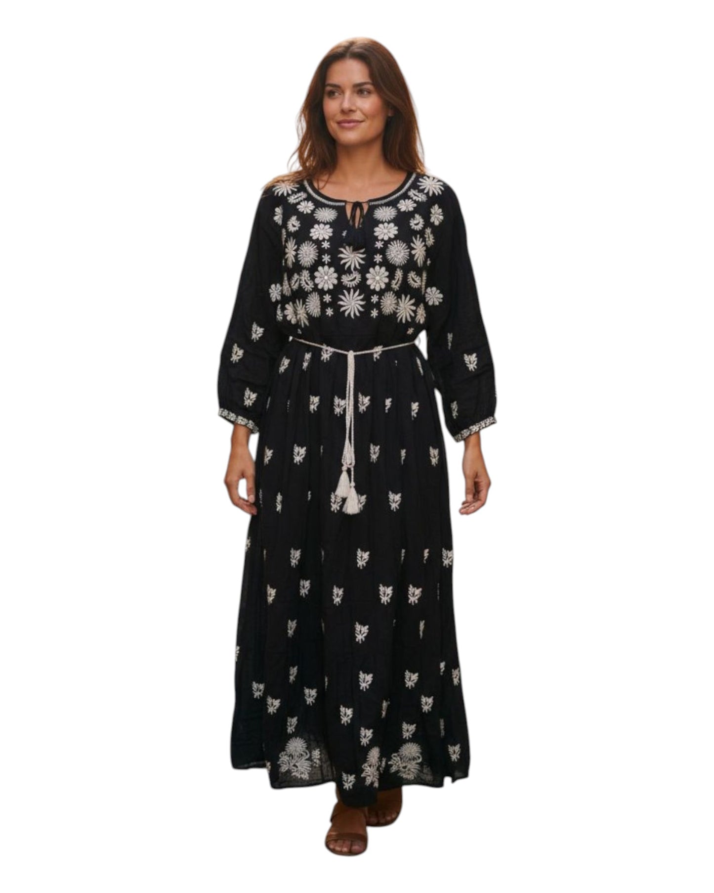 Rochie tradițională neagră din vâscoză cu broderie bej – mărimi S–3XL