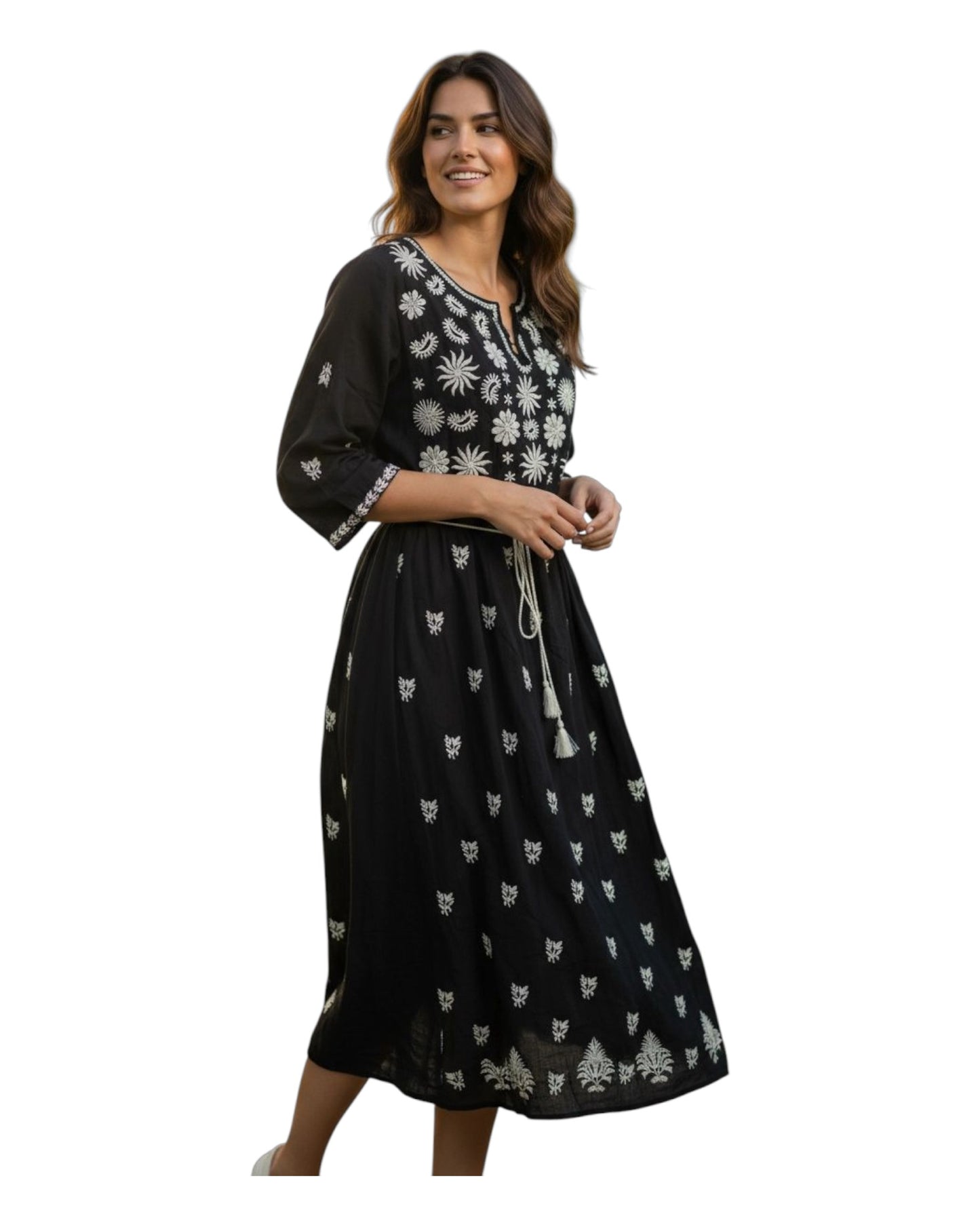 Rochie tradițională neagră din vâscoză cu broderie bej – mărimi S–3XL