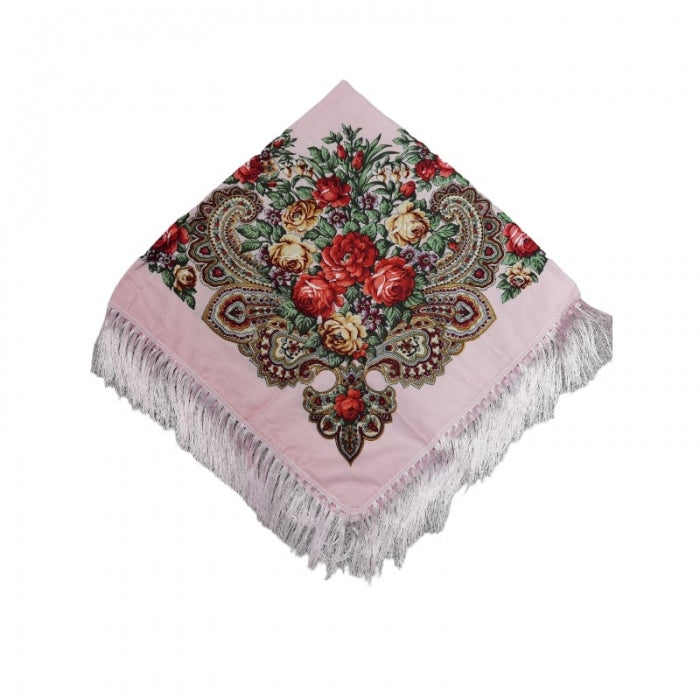 Batic traditional roz cu flori si franjuri