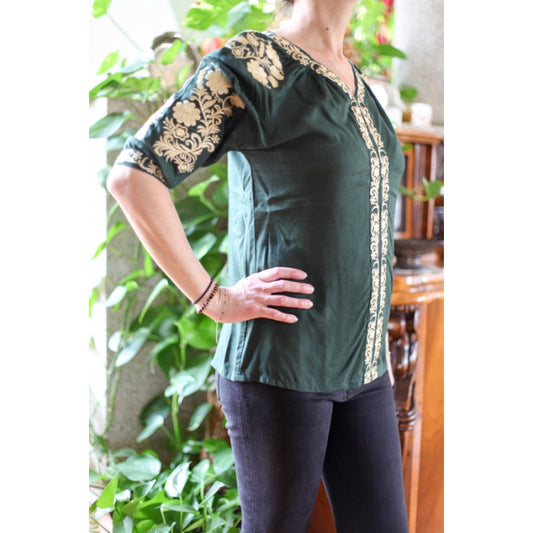 Bluza brodata verde broderie bej Ana