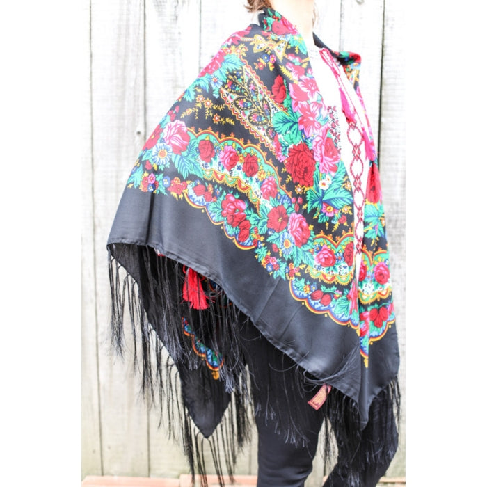 Sal traditinal inflorat negru franjuri